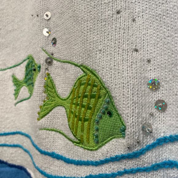 Vintage Design Options L Fish Sequin Cardigan | Rare Coastal Grandma Cottagecore - Picture 8 of 13